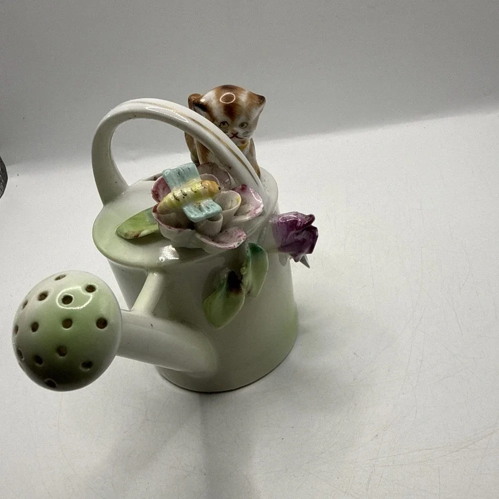Vintage Lefton Mini Watering Can Creamer Cat Bee Hand Painted Japan